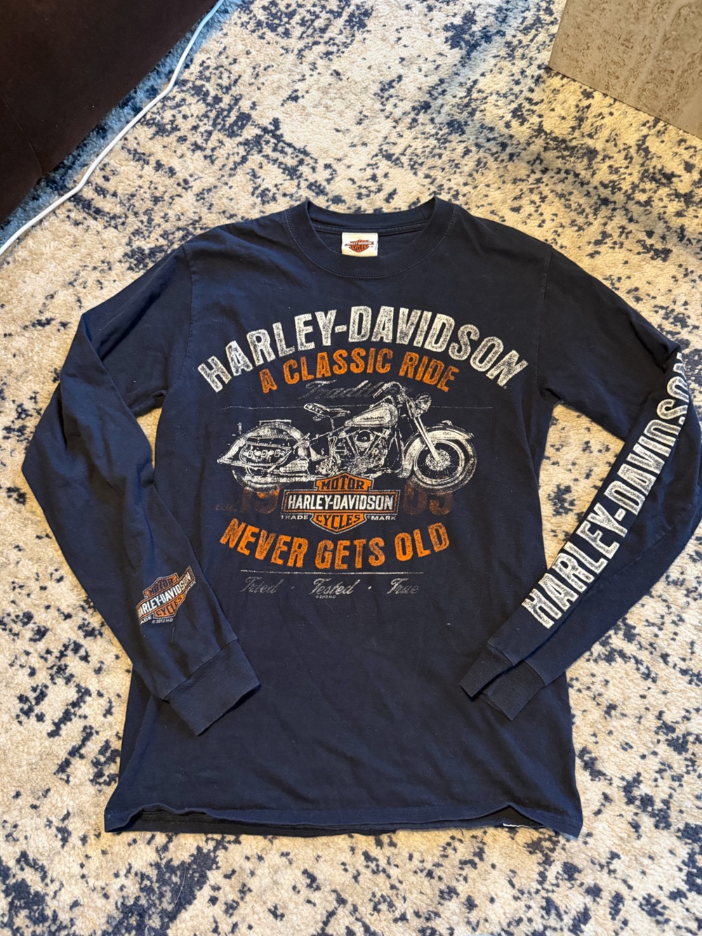 HARLEY DAVIDSON Hanes Black Tee with Red and Blue Logo Details
